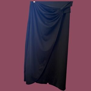 Kate Kasin Ruched Front Skirt High Waist Back Slit Mid-Calf A-Line Skirt Sz L